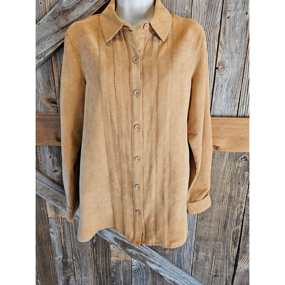 Studio works size small S faux leather velour beige button up EUC ^
